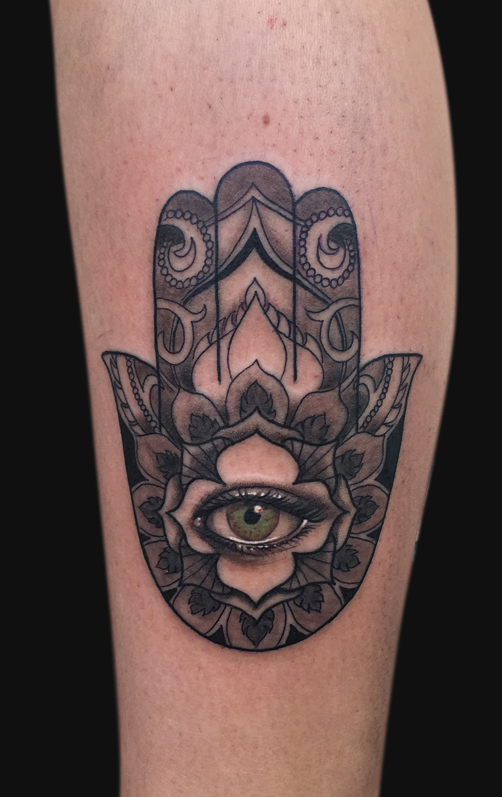 Black Ink Hamsa Hand Tattoo Design For Sleeve By Spencer Caligiuri