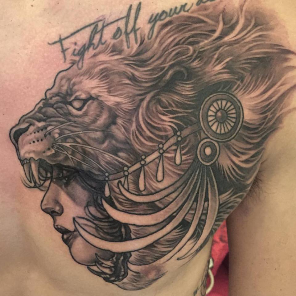 Black Ink Lion Head Girl Face Tattoo On Right Back Shoulder By Elvin