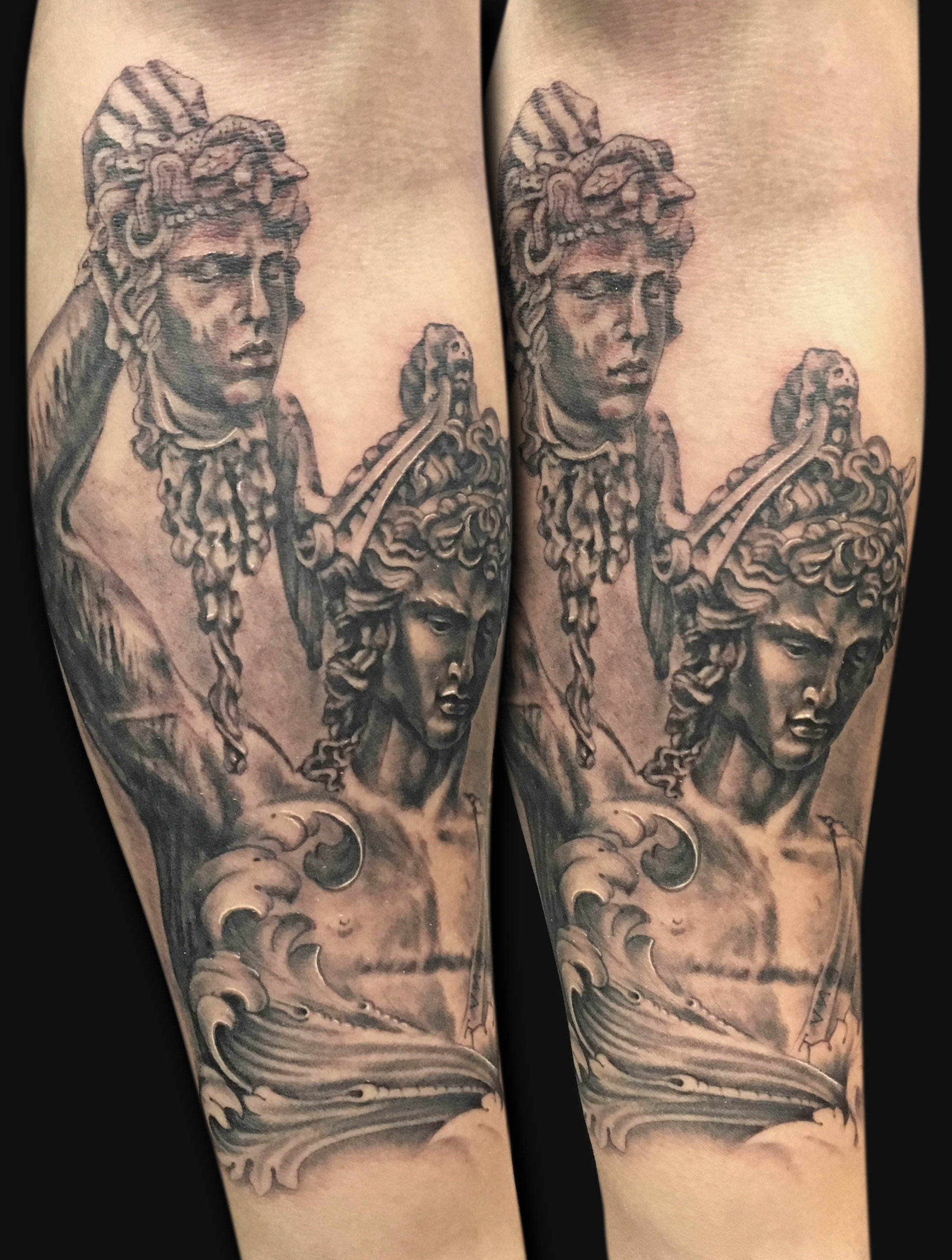 Black Ink Perseus Tattoo On Right Arm