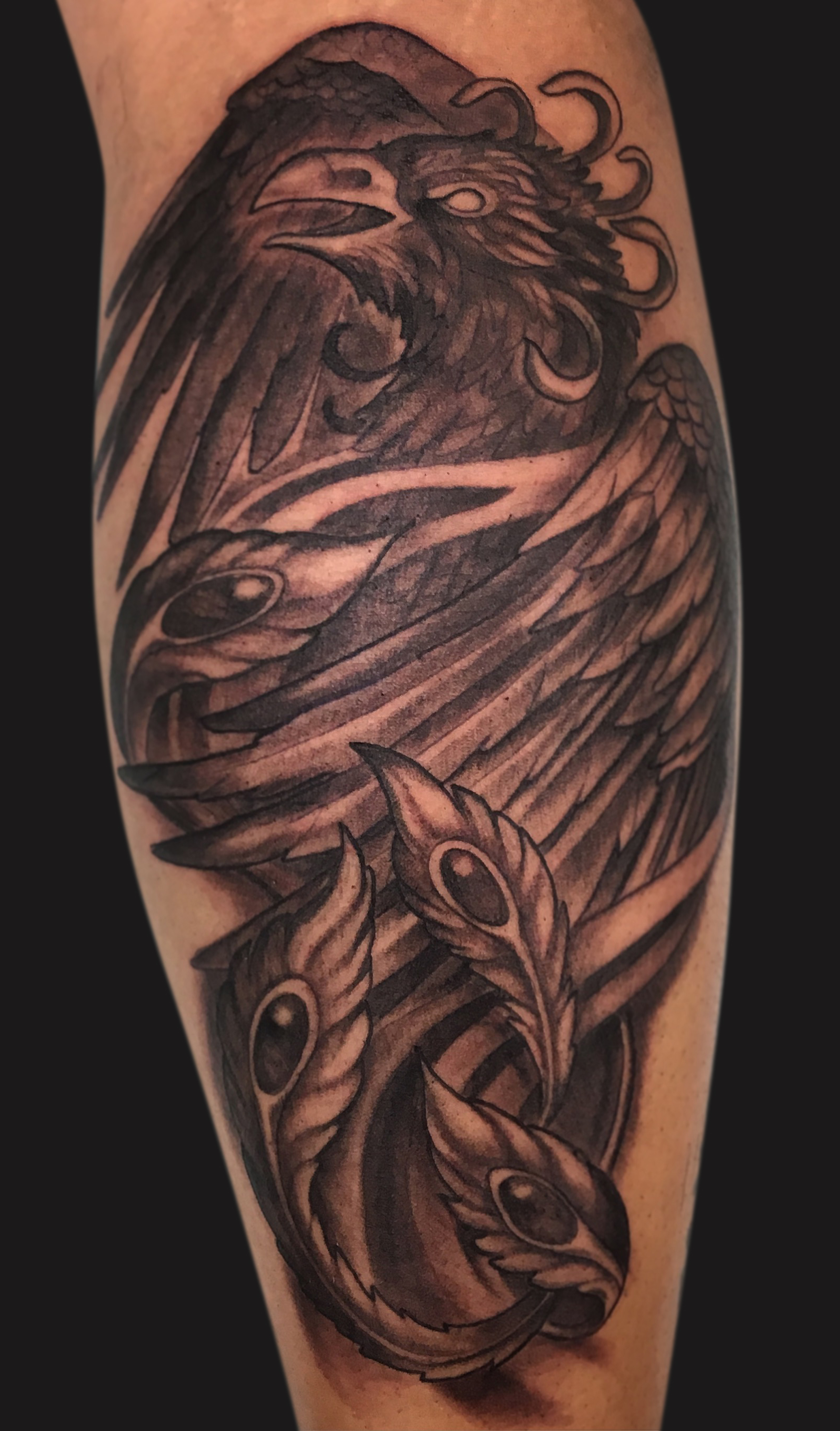 Black Ink Phoenix Tattoo Design For Leg Calf By Spencer Caligiuri