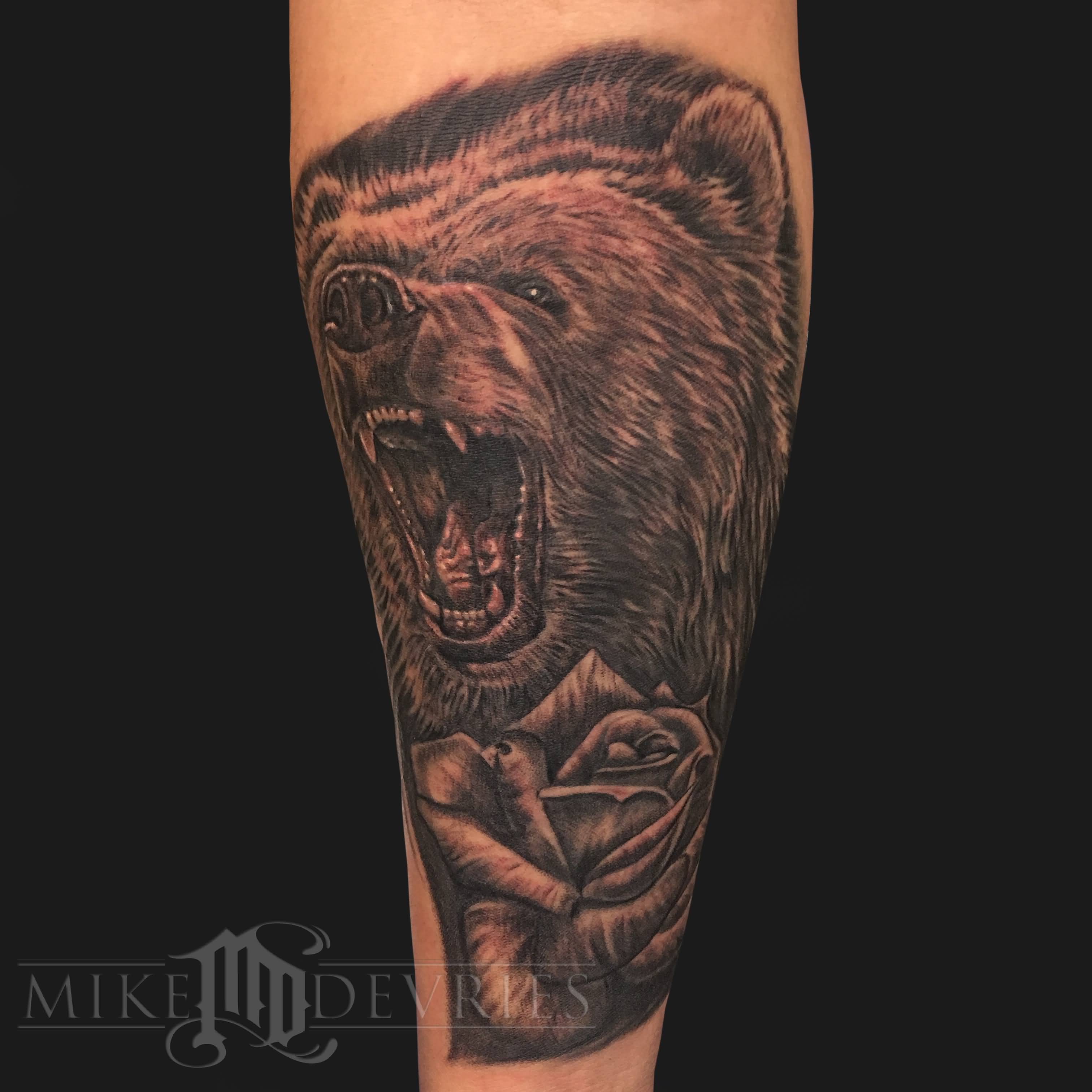 Black Ink Roaring Bear Head With Rose Tattoo On Forearm By Mike