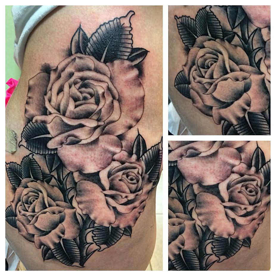 Black Ink Roses Tattoo On Side Rib