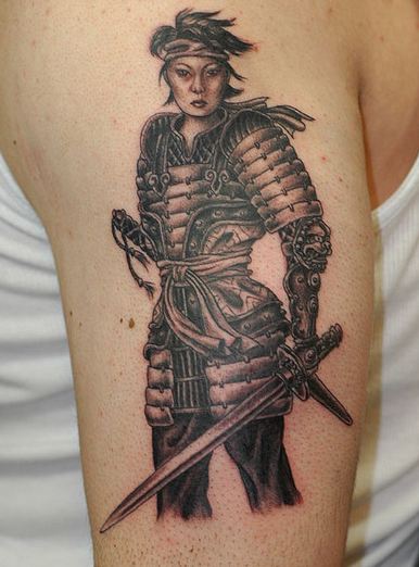 Black Ink Samurai Girl Tattoo Design For Half Sleeve