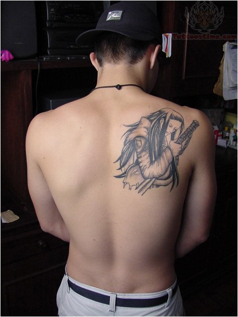 Black Ink Samurai Girl With Sword Tattoo On Man Right Back Shoulder