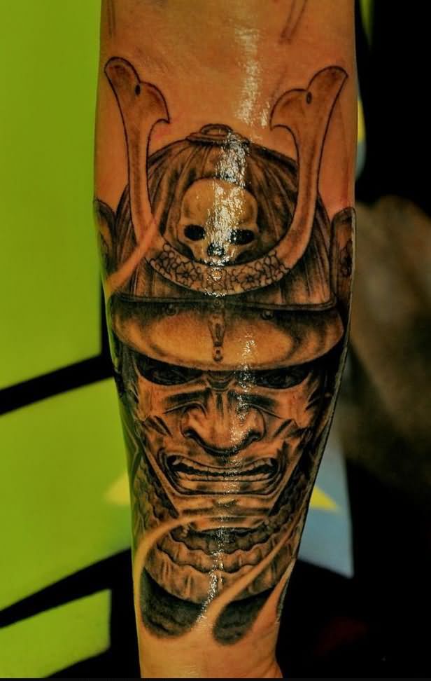 Black Ink Samurai Head Tattoo Design For Arm