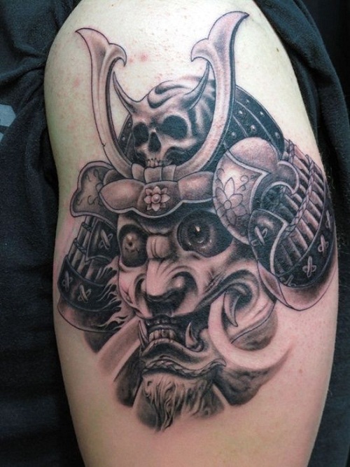 Black Ink Samurai Head Tattoo On Left Half Sleeve