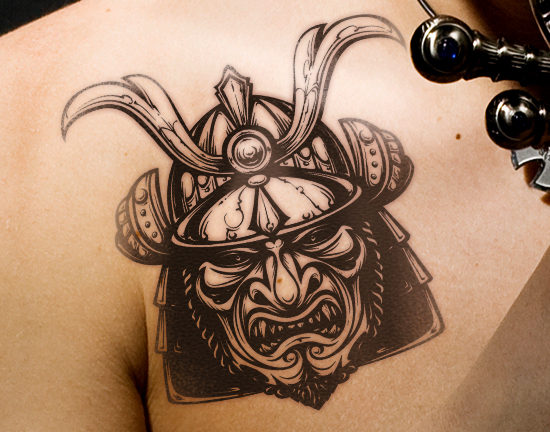 Black Ink Samurai Head Tattoo On Right Front Shoulder