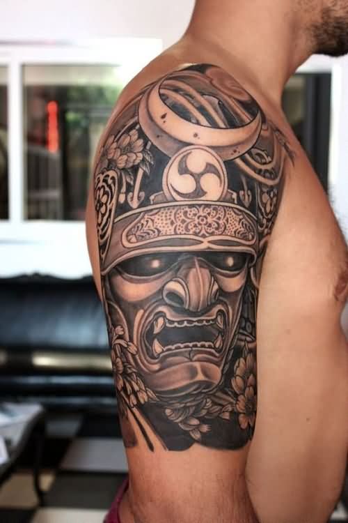 Black Ink Samurai Head With Flowers Tattoo On Man Right Half Sleeve
