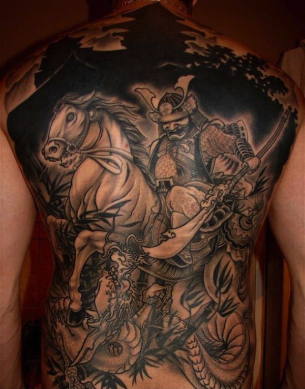 Black Ink Samurai On Horse With Dragon Tattoo On Man Full Back