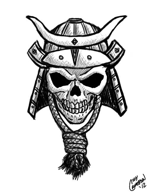 Black Ink Samurai Skull Tattoo Design By Cody Cameron
