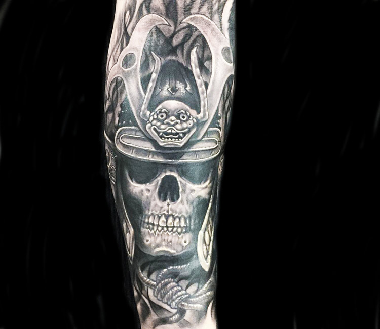 Black Ink Samurai Skull Tattoo Design For Forearm By Alex Rattray