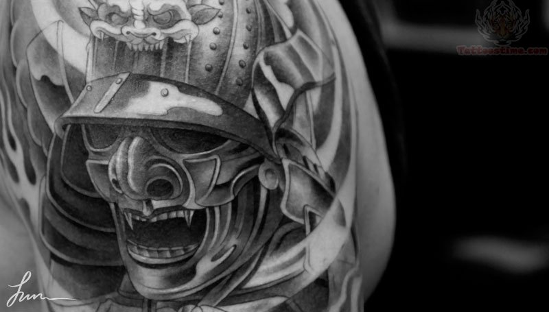Black Ink Samurai Skull Tattoo Design For Shoulder