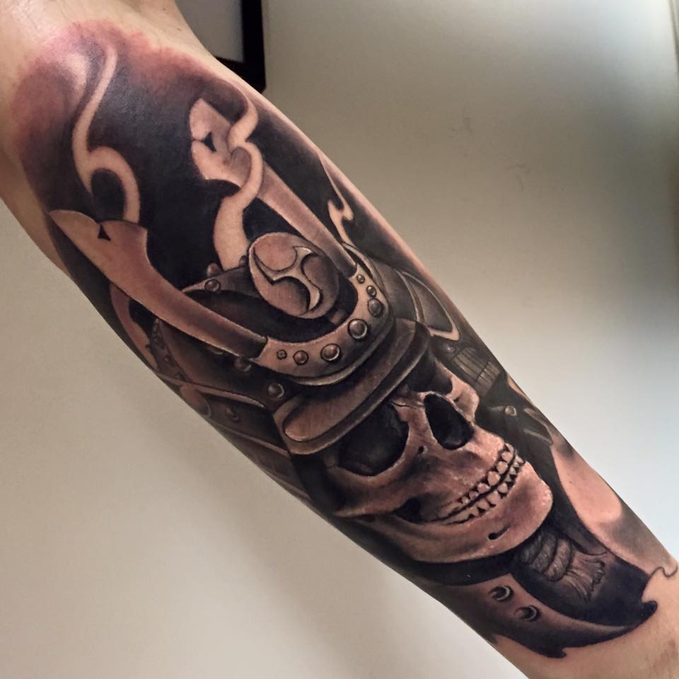 Black Ink Samurai Skull Tattoo Design For Sleeve
