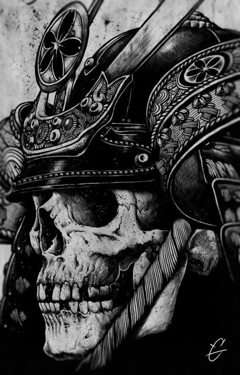Black Ink Samurai Skull Tattoo Design