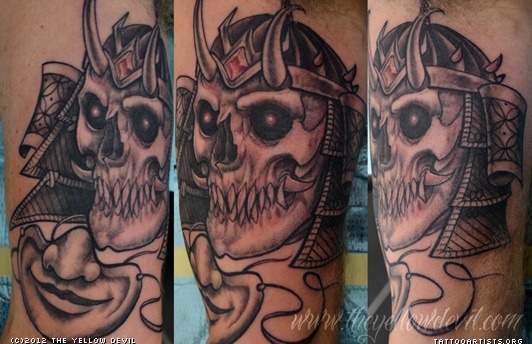 Black Ink Samurai Skull Tattoo On Half Sleeve