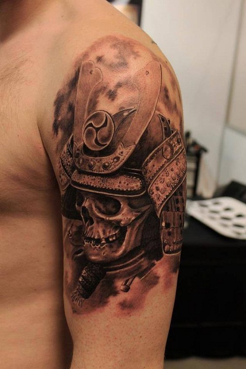 Black Ink Samurai Skull Tattoo On Man Left Half Sleeve