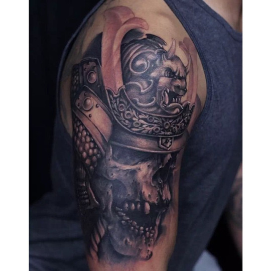 Black Ink Samurai Skull Tattoo On Man Right Half Sleeve