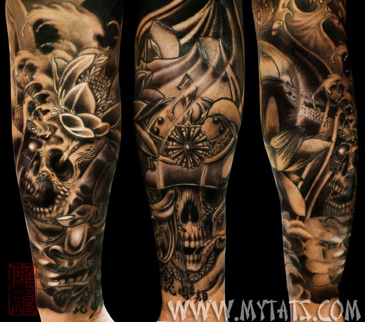 Black Ink Samurai Skull With Flowers Tattoo On Sleeve
