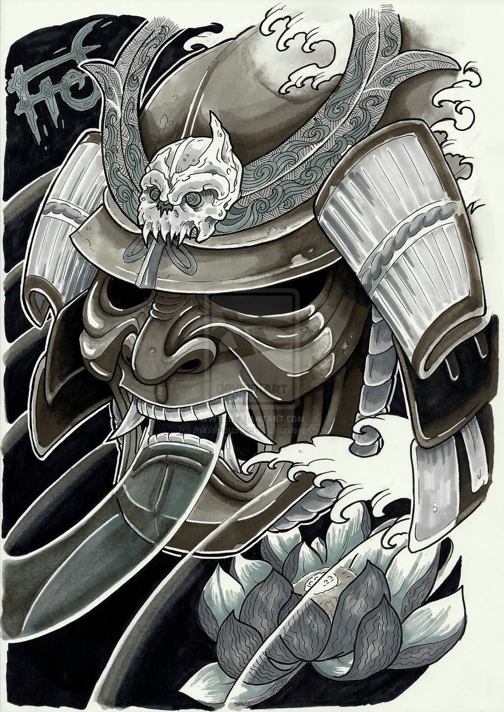 Black Ink Samurai Skull With Lotus Tattoo Design