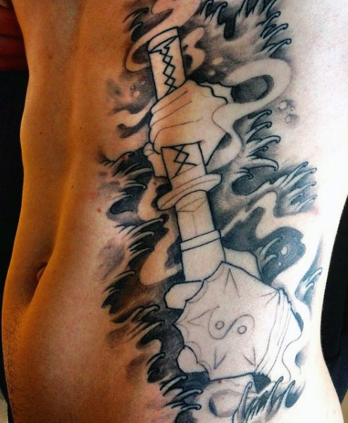 Black Ink Samurai Sword Tattoo On Man Left Side Rib