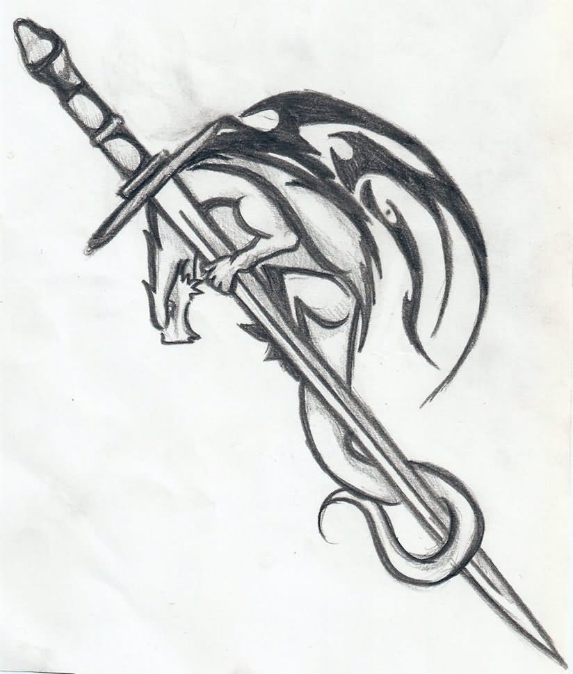 Black Ink Samurai Sword With Dragon Tattoo Design