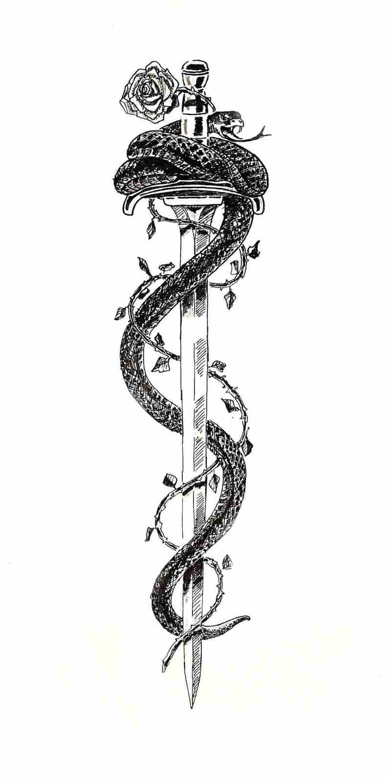 Black Ink Samurai Sword With Snake And Rose Tattoo Design