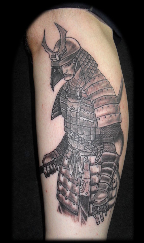 Black Ink Samurai Tattoo Design For Leg Calf