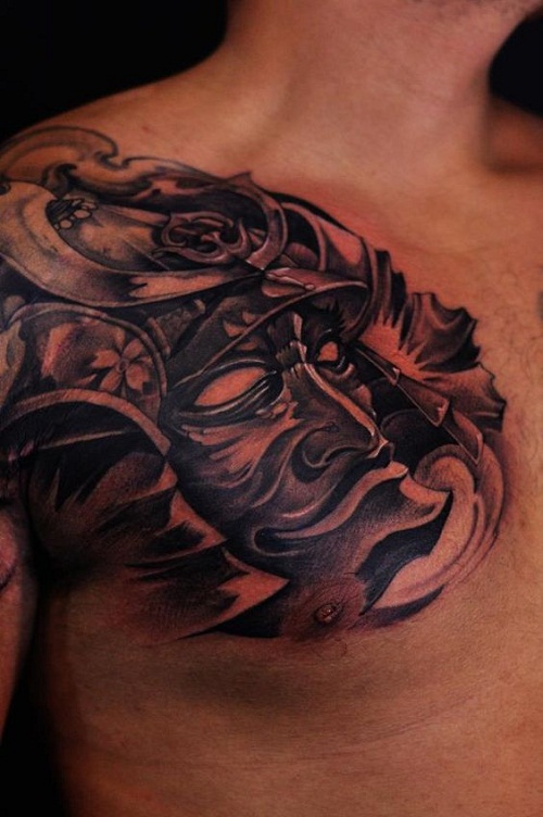 Black Ink Samurai Tattoo On Man Right Front Shoulder