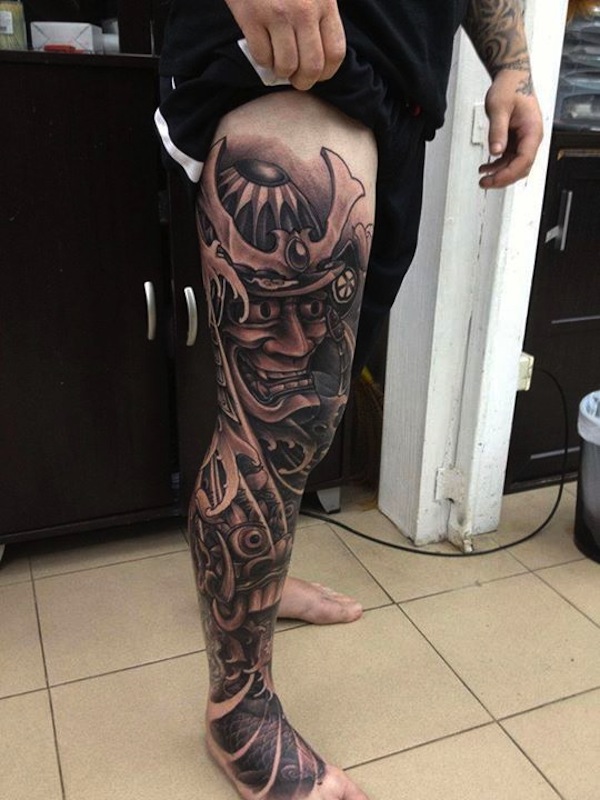 Black Ink Samurai Tattoo On Man Right Full Leg