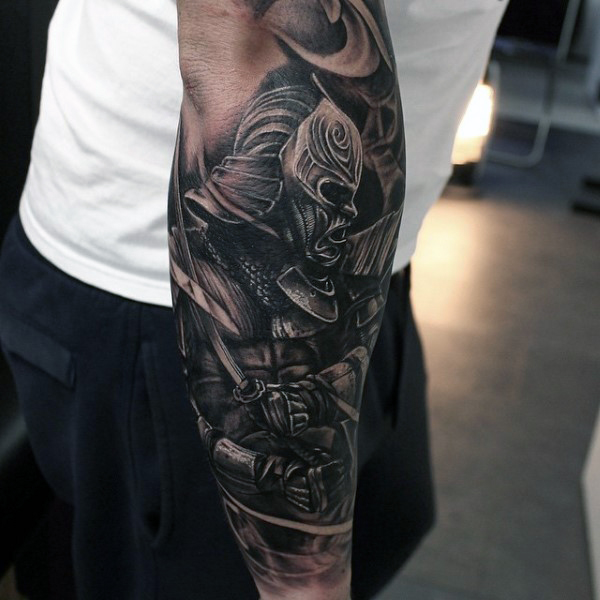 Black Ink Samurai Tattoo On Right Arm