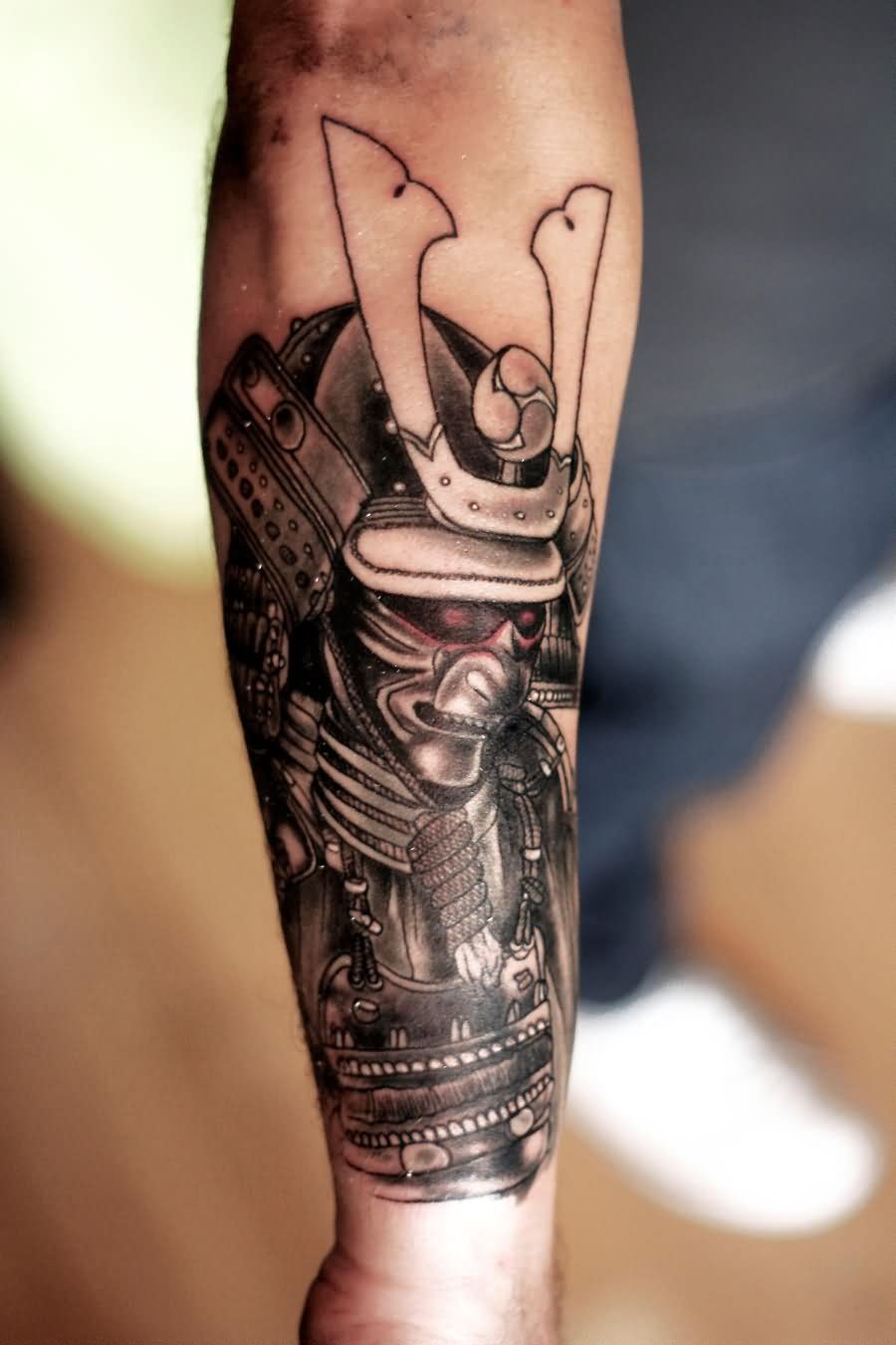 Black Ink Samurai Tattoo On Right Forearm