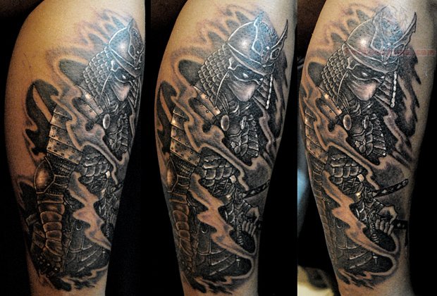 Black Ink Samurai Warrior Tattoo Design For Sleeve