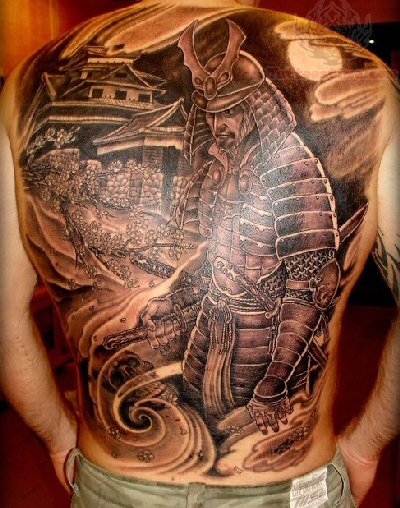 Black Ink Samurai Warrior Tattoo On Man Full Back