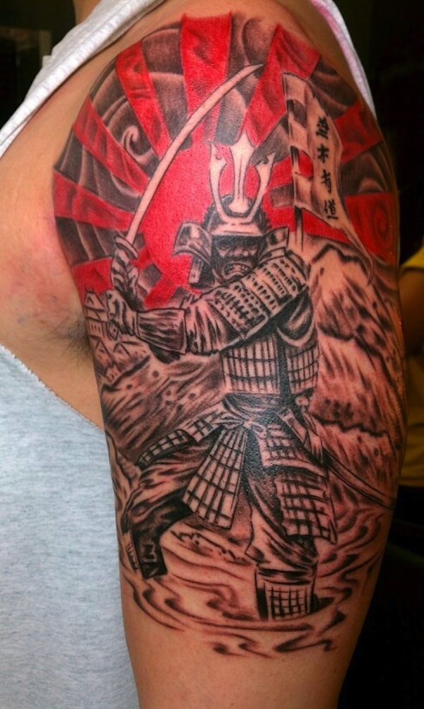 Black Ink Samurai Warrior Tattoo On Man Left Half Sleeve
