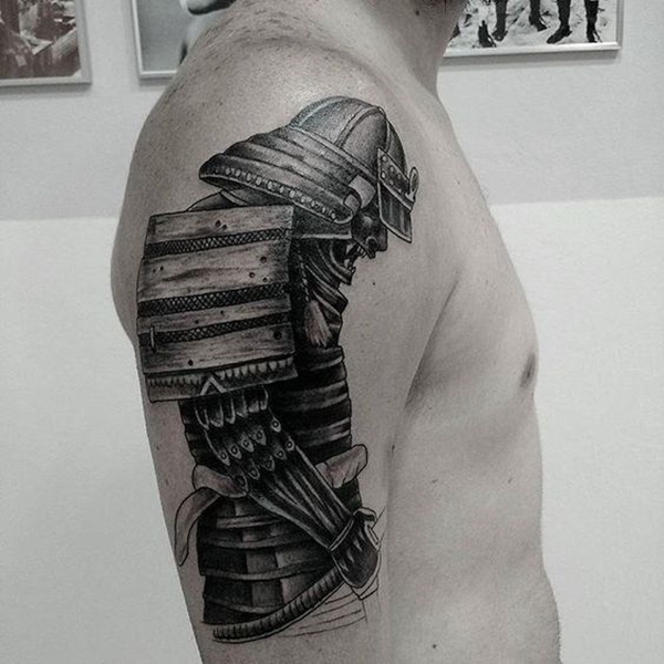 Black Ink Samurai Warrior Tattoo On Man Right Half Sleeve
