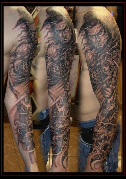 Black Ink Samurai With Dragon Tattoo On Man Left Full Sleeve