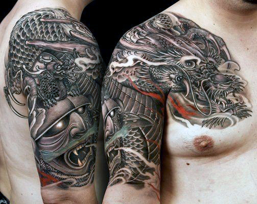 Black Ink Samurai With Dragon Tattoo On Right Half Sleeve