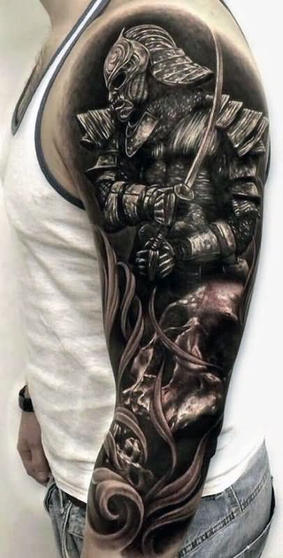 Black Ink Samurai With Skull Tattoo On Man Left Full Sleeve