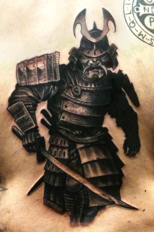 Black Ink Samurai With Sword Tattoo Design For Chest