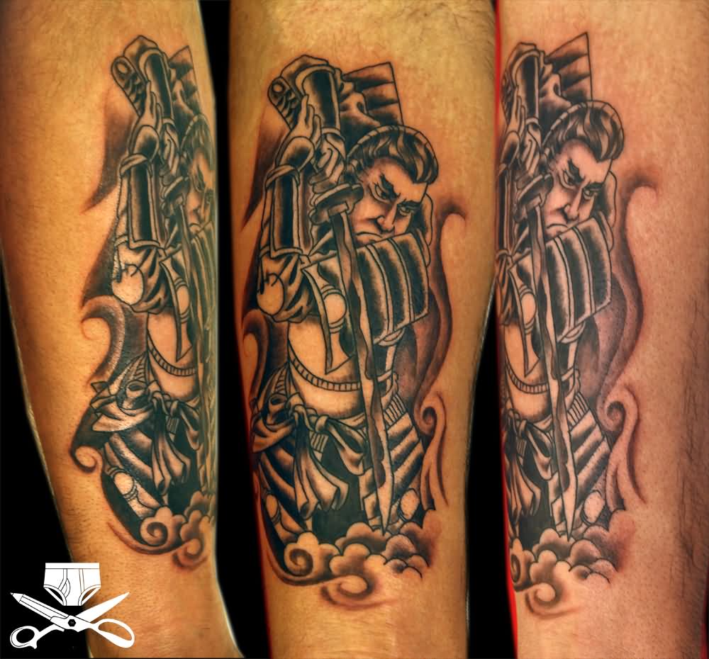 Black Ink Samurai With Sword Tattoo Design For Forearm