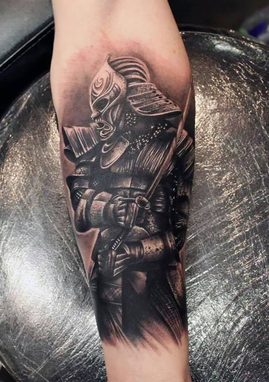 Black Ink Samurai With Sword Tattoo On Forearm