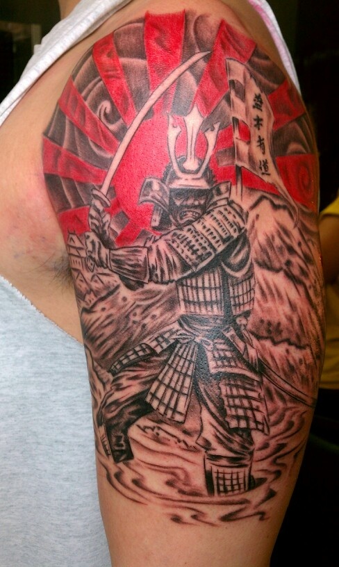 Black Ink Samurai With Sword Tattoo On Left Half Sleeve