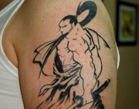 Black Ink Samurai With Sword Tattoo On Left Shoulder