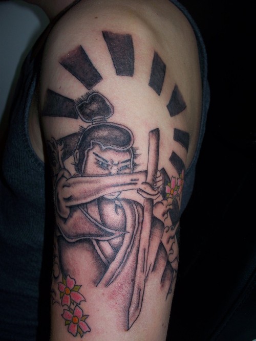 Black Ink Samurai With Sword Tattoo On Man Left Half Sleeve