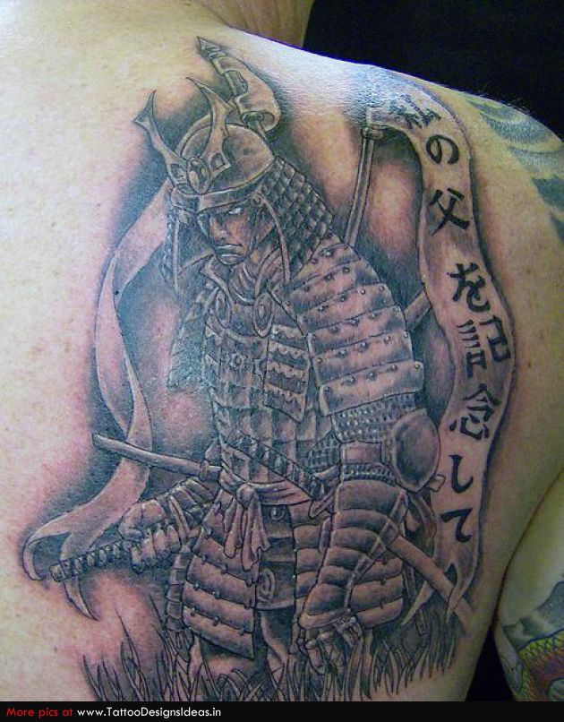 Black Ink Samurai With Sword Tattoo On Right Back Shoulder