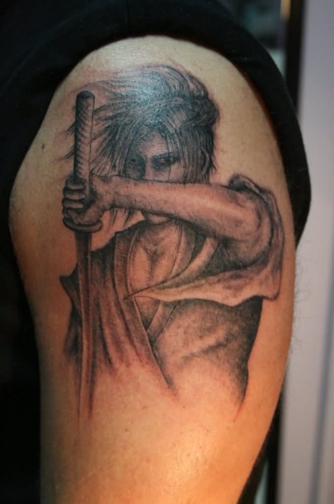 Black Ink Samurai With Sword Tattoo On Shoulder