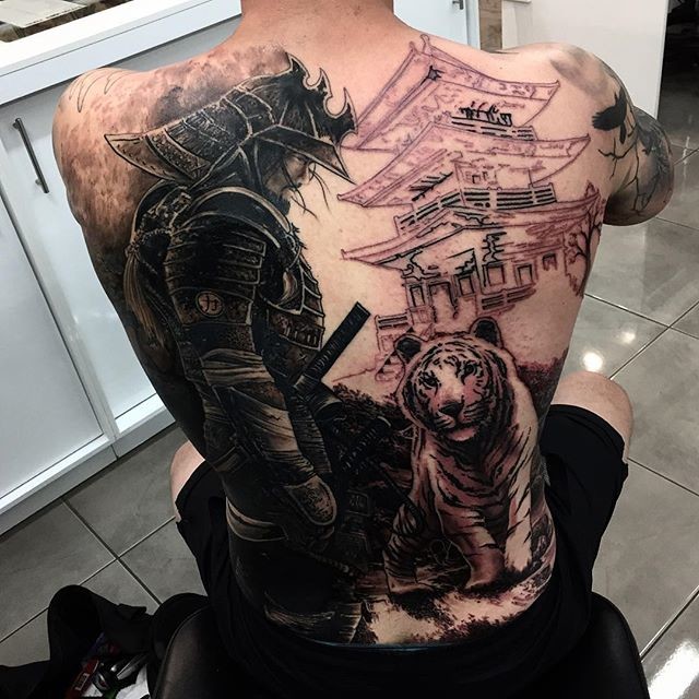 Black Ink Samurai With Tiger Tattoo On Man Full Back