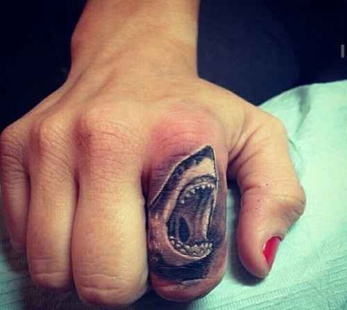 Black Ink Shark Head Tattoo On Right Hand Finger