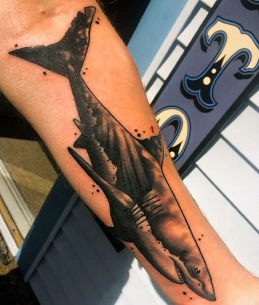 Black Ink Shark Tattoo On Left Forearm