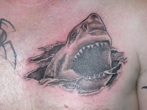Black Ink Shark Tattoo On Man Left Front Shoulder